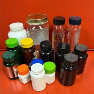 16 Assorted Colorful plastic Storage Jars and Bottles